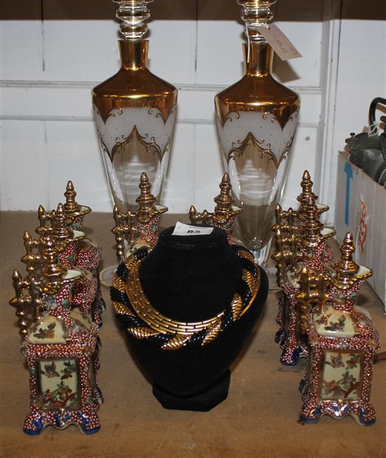 Pair gilt decorated decanters, 2 Monet necklaces etc.